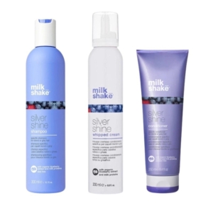 SET Milk Shake Silver Shine pentru par blond, gri sau alb - Sampon 300ml & Spuma conditioner 200ml & Tratament balsam 250ml
